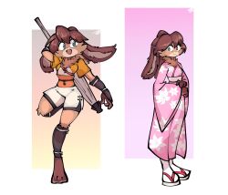 anthro blue_eyes bracers brown_fur corset cute floppy_ears fluffy furry kimono lop_(star_wars) lop_(star_wars_visions) lop_and_ochou paws pink_kimono shorts simple_background slippers smile smiling star_wars star_wars_visions umbrella yellow_shirt