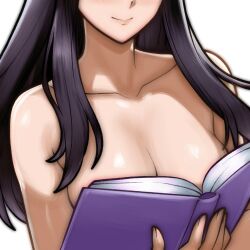 1girls astrid_(fire_emblem) bare_arms bare_shoulders black_hair boobs_in_book_(meme) book breasts cleavage collarbone commission eyes_out_of_frame fire_emblem fire_emblem:_path_of_radiance fire_emblem:_radiant_dawn head_out_of_frame holding holding_book ko-fi_commission large_breasts long_hair meme open_book ouch_meme rotomdocs smile solo upper_body