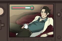 1boy 1male 3ds animated artist_request belt black_hair blush breathing closed_eyes clothed clothed_male console dick_out game_mechanics game_screenrecord game_screenshot gameplay gay gritted_teeth gritting_teeth hairy_arms hard_cock hard_penis human human_only jerking_off jerking_off_another jerkingoff jerkingoff_another labcoat male male_focus male_only masturbation mouse_(computer) mouse_cursor no_sound pokemon pokemon_amie pokemon_xy professor_sycamore tagme_(artist) uncensored uncensored_genitals watch