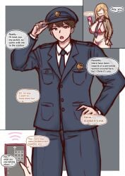 1boy 1girls big_breasts bikini bikini_bottom bikini_top blonde_hair breasts brown_eyes brown_hair clothed clothing color_coded_text comic comic_page cop dialogue english_text eyebrows eyebrows_visible_through_hair face_mask female forced_transformation fully_clothed gender_transformation genderswap_(mtf) hand_on_hip jacket large_breasts mask original original_character phone police_uniform rule_63 simple_background speech_bubble standing text tie transformation translated zetsuhei_no_roran