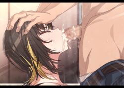 1boy blonde_hair brown_hair censored closed_eyes commentary_request cum cum_in_mouth cum_overflow erere fellatio female hands_on_another's_head idolmaster idolmaster_shiny_colors ikaruga_luca irrumatio letterboxed lying mosaic_censoring multicolored_hair on_side oral penis profile two-tone_hair