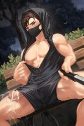 1boy abs bare_breasts beefy bench biceps big_areola big_penis brown_eyes brown_hair camera_view censor_bar censored_penis collarbone covered_mouth cum cum_drip cum_leaking cum_on_leg cum_on_lower_body cum_on_penis cum_on_self cum_splatter cum_string dripping dripping_cum dutch_angle ejaculation erection excessive_cum exhibitionism foreskin freaky gay hands-free hi_res holding_object hoodie intense_orgasm looking_up male male_only masturbation mature_male muscles muscular muscular_arms muscular_legs muscular_male muscular_thighs nayoshi_(r-744) night nipple_play open_clothes orgasm original original_character park park_bench pecs penis penis_out pinching_nipples pointless_censoring public public_indecency public_nudity quadriceps resisting_orgasm selfie selfie_stick semen short_hair sitting sitting_on_bench six_pack sleeveless solo spread_legs surgical_mask sweat sweaty thick_penis tree uncircumcised uncut unretracted_foreskin unzipped veiny_penis watery_cum yaoi zipper zipper_down zipper_pull_tab