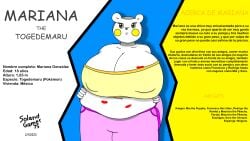 2023 anthro bbw belly belly_button belly_grab big_ass big_belly big_breasts big_nipples blue_background breasts breasts_bigger_than_head fat fat_ass fat_belly fat_butt fat_girl fat_woman generation_7_pokemon huge_ass huge_breasts huge_nipples kiss_mark mariana_gonzalez_(solandgamer75) navel nintendo nipples nipples_visible_through_clothing obese obese_female overweight overweight_female pink_panties pokémon_(species) pokemon pokemon_(species) solandgamer75 spanish_text tattoo togedemaru watermark white_background white_body yellow_background yellow_cheeks yellow_clothing yellow_eyes