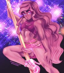 1boy 2024 artist_name artist_signature crossdressing ear_piercing femboy girly gyaru-oh haylen heels makeup midriff midriff_baring_shirt nail nipple_bulge original penis pink_hair pink_nail_polish pink_nails pole pole_dancing precum pureschiinachan thick_eyebrows toned_femboy very_long_hair