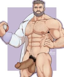 1boy balls beard boner erect_penis erection erickbsan hard_on male male_only muscles muscular muscular_male nude penis pokeball pokemon pokemon_sv professor_turo uncut