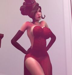 1girls 3d 3d_(artwork) absurd_res absurdres borderlands borderlands_3 breast_tattoo cosplay dress hands_on_hips image jessica_rabbit_(cosplay) large_breasts mad_moxxi red_lipstick self_upload sleeping9to5 solo_focus