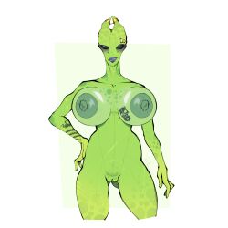 alien alien_girl amphibian big_areola big_breasts big_nipples black_eyes breast_implants breasts_bigger_than_head def4lt fake_breasts gold_piercing green_body green_skin implied_prostitution makeup mass_effect milf naked naked_female original_character piercing prostitution salarian scars simple_background slim slim_waist tattoo tattoo_on_arm tattoo_on_breast tattoo_on_chest textless_version