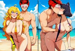 1boy 1boy2girls 2girls adam_taurus ahoge ai_generated beach big_ass big_breasts bikini black_hair blake_belladonna blonde_female blonde_hair cat_ears from_behind grin horns kissing kissing_while_penetrated mask mechanical_arm muscular muscular_male purple_eyes red_hair rwby sling_bikini yang_xiao_long yellow_eyes