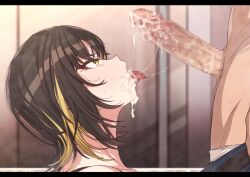 1boy after_fellatio blonde_hair brown_hair censored commentary_request cum cum_in_mouth cum_on_tongue cum_string erere female idolmaster idolmaster_shiny_colors ikaruga_luca letterboxed lying mosaic_censoring multicolored_hair on_side open_mouth penis profile tongue tongue_out two-tone_hair yellow_eyes