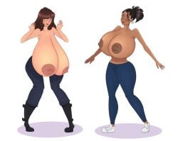 2020s 2025 2girls 5_fingers bags_under_eyes black_boots black_footwear black_hair blue_pants boob_focus boobs_out boots breast_expansion breast_focus breast_inflation breasts breasts_out brown_eyes brown_hair commission dark-skinned_female dark_skin digital_drawing_(artwork) digital_media_(artwork) doctor_who duo duo_female duo_focus earring earrings erect_nipples female_focus female_only footwear hi_res high_resolution highres human_only jeans long_hair martha_jones no_bra not_furry open_mouth sarah_jane_smith shadow shocked shocked_expression simple_background stretch_marks sudden_expansion sunnybunnytfs surprised surprised_expression topless white_background white_footwear white_sneakers wrinkles