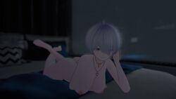 1girls aerolae ahoge arm_under_breasts ass bed bedding_background bedroom bedroom_eyes bedroom_setting blue_eyes blue_hair blurry_background breasts breasts_out cookievrc feet female full_body hair_over_one_eye hand_on_head large_breasts laying_on_bed laying_on_stomach light_blue_hair looking_at_viewer naked naked_female necklace nipples nude nude_female one_eye_closed pink_nipples short_hair smiling smiling_at_viewer solo solo_female teasing teeth vrchat vrchat_avatar vrchat_media vrchat_model