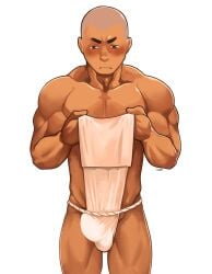 1boy artist_signature balls_under_clothes biceps big_bulge blush blushing_profusely brown_eyes bulge bulge_through_clothing buzz_cut collarbone dark_skin embarrassed erection erection_under_clothes frown fundoshi fundoshi_only gay grey_hair hi_res holding_clothing looking_down male male_only mature_male muscles muscular muscular_arms muscular_legs muscular_male muscular_thighs no_body_hair original original_character pecs pulling_clothing rokushaku_fundoshi short_hair shunpei_nakata simple_background solo standing thick_eyebrows thick_neck topless tough_guy triceps tying_fundoshi white_background white_fundoshi yaoi