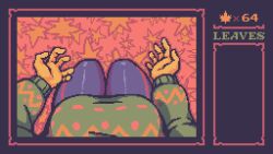 1girls ahegames big_breasts breasts cleavage female female_only female_pov first_person_view hands large_breasts leaf leaves leaves_on_ground lewd_leaf_land maple_leaf molly_(lewd_leaf_land) official_art pixel_art screencap solo sweater thick_thighs tight_pants