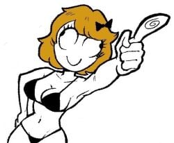 belly_button black_bra blonde_hair bob_cut bow breasts cross-eyed derpina fingers rage_comics silly_face thin_female toned white_body
