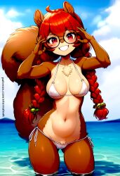 ai_generated beach bikini brown_fur cute cute_face eternal_oak furry furry_female furry_female_only glasses mabel_maplebottom red_eyes red_hair squirrel thick_glasses twin_braids