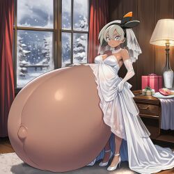 ai_generated bea_(pokemon) bride bride_gown bride_veil hyper_pregnancy lazybonesai pokemon pokemon_ss pregnant pregnant_belly pregnant_female wedding_dress