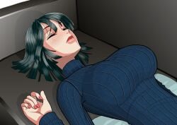 black_hair blush breasts caustica closed_eyes closed_mouth couch female fubuki_(one-punch_man) highres indoors large_breasts lips long_sleeves lying nail_polish one-punch_man red_nails short_hair sleeping solo sweater turtleneck turtleneck_sweater upper_body