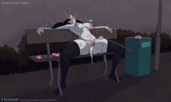 after_rape after_sex aftermath alexon_jaychara alexonjaychara before_and_after bench big_glasses bracket champaanimation clothed clothing condom condom_in_mouth eyewear female female/female filled_condom forced glasses hi_res human imminent_sex intersex intersex/intersex legwear male male/male mammal mouth_hold nerd object_in_mouth park park_bench questionable_consent rape sex sexual_barrier_device shy sky solo thigh_highs trash_can watermark