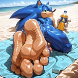 4_toes ai_generated anthro ass balls beach bodily_fluids feet foot_fetish foot_focus genital_fluids genitals hi_res looking_at_viewer looking_back lying male on_front penis precum seaside sega solo sonic_(series) sonic_the_hedgehog sonic_the_hedgehog_(series) sweat sweaty_feet toes towel wrinkled_feet