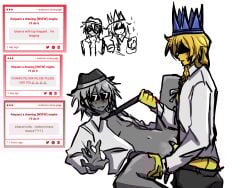 blonde_hair braided_hair censored_eyes chance_(forsaken) fedora forsaken_(roblox) half_naked hat headphones itrapped itrapped_(forsaken) pulling_tie roblox strawpage_request sunglasses top_surgery_scars transgender transmasc vaginal_penetration white_hair