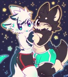 anthro balls black_body black_fur blep blush bodily_fluids boxer_briefs brown_eyes bulge bulge_frottage canid canine canis clothed clothing cum cum_in_clothing cum_in_underwear cum_through_clothing cum_through_underwear domestic_dog duo facial_tuft fangs femboy fluffy fox fur genital_fluids genitals green_body green_eyes green_fur green_inner_ear hand_holding hand_on_back happy head_tuft hi_res inner_ear_fluff looking_at_viewer male male/male mammal marble_fox maxie_(duskyglow) one_eye_closed open_mouth open_smile red_fox smile tail tan_body tan_fur teeth tongue tongue_out topless true_fox tuft underwear underwear_only underwear_swap wet wet_clothing wet_underwear white_body white_fur zaaru