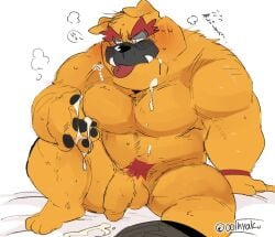 4_toes 5_fingers after_masturbation after_orgasm anthro balls barazoku biceps big_penis blush bodily_fluids bracelet bulldog canid canine canis clothed clothing clothing_around_one_leg cum cum_drip cum_on_body cum_on_chest cum_on_face cum_on_hand deltoids domestic_dog dribble_(warioware) dripping eyebrows fangs feet fingers flaccid flustered flustered_male fur genital_fluids genitals grey_clothing grey_underwear humanoid_genitalia humanoid_penis hyaku_(artist) jewelry leaking_cum licking licking_lips male mammal mastiff molosser muscular muscular_anthro muscular_male nintendo orange_body orange_fur orange_penis partially_clothed pecs penis pubes red_eyebrows red_pubes sharp_teeth sitting solo speech_bubble steam sweat teeth text thick_eyebrows thick_thighs toes tongue tongue_out trapezius underwear underwear_around_one_leg underwear_down underwear_only warioware