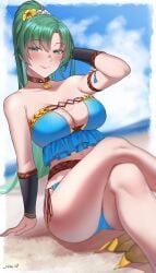 1girls absurdres alternate_costume arm_strap arm_up beach belt bikini blue_bikini blue_sky blue_swimsuit blush breasts brown_choker choker cleavage closed_mouth cloud crossed_legs female female_only fire_emblem fire_emblem:_the_blazing_blade fire_emblem_heroes flower green_eyes green_hair hair_flower hair_ornament highres jebi large_breasts lips long_hair looking_at_viewer lyn_(fire_emblem) lyn_(summer)_(fire_emblem) navel nintendo official_alternate_costume ponytail sand sitting sky solo swimsuit thighs