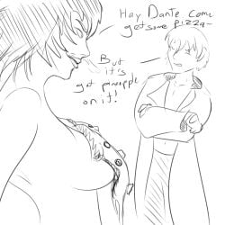 attempted_seduction breasts casual_nudity clothed clothed_male completely_nude completely_nude_female covered_nipples dante_(devil_may_cry) devil_may_cry devil_may_cry_3 drawfag exposed_chest failed_seduction food food_clothing food_on_body food_on_breasts food_play humor lady_(devil_may_cry) nude nude_female pizza pizza_on_breasts seduction short_hair silly