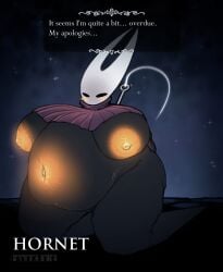 absurd_res anthro areola arthropod band1tnsfw belly big_areola big_belly big_breasts big_nipples black_body blush blush_lines breasts clothing dialogue dialogue_box english_text female glowing glowing_belly glowing_nipples hi_res hollow_knight hollow_knight:_silksong hornet_(hollow_knight) huge_areola huge_belly huge_breasts huge_nipples mature_anthro mature_female montgomery_glands nipples orange_areola orange_nipples overweight overweight_anthro overweight_female portrait pregnant pregnant_anthro pregnant_female red_clothing robe simple_background solo stretch_marks team_cherry text thick_thighs white_head