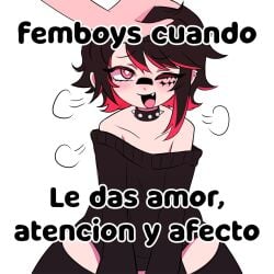 1femboy blush blushing collar cute cute_expression cute_face cute_male dear femboy goth hand_on_head male open_mouth spanish spanish_text spanish_translation submissive submissive_male touching_head