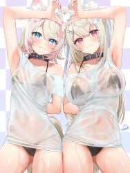 2girls animal_ear_fluff animal_ears big_breasts black_bikini blonde_hair blue_eyes blue_hair breasts_out dog_collar dog_ears dog_girl dog_tail female female_only festa11307070 fuwamoco fuwawa_abyssgard hair_accessory hairband heart_hands hololive hololive_english hololive_english_-advent- long_hair looking_at_viewer mococo_abyssgard pink_eyes pink_hair pinup see-through_clothing short_hair small_breasts smiling_at_viewer twins two_tone_hair virtual_youtuber vtuber wet wet_clothes wet_shirt