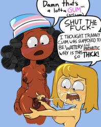 1dickgirl 1girls areola areolae blonde_hair cum cum_in_mouth cum_on_face cumshot dark-skinned_futa dark_skin dialogue dickgirl dickgirl/female dickgirl_on_female ejaculation female general_proton light-skinned_female light_skin nipples nude nude_female nude_futa parody pubic_hair slur tagme text text_bubble thick_cum transgender transgender_pride_colors transgender_woman transphobic_slur