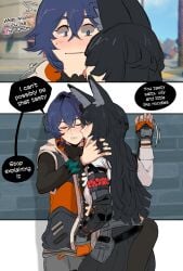 2girls absurdres animal_ears belle_(zenless_zone_zero) black_hair black_shirt black_skirt blonde_hair blue_eyes blue_hair blush closed_eyes closed_mouth commentary earrings english_commentary english_text fingering fingerless_gloves fox_ears gloves hand_under_clothes hand_under_skirt highres hoshimi_miyabi jewelry licking licking_another's_neck long_hair long_sleeves multiple_girls orange_gloves parted_lips shirt short_hair single_glove skirt speech_bubble tongue tongue_out vest white_shirt yuri zanqi zenless_zone_zero