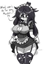 1girls artist big_breasts big_thighs black_hair blush blush_lines boob_window choker cute depressed embarrassed eyebags female female_only glasses hairpin katy_(katymoonart) katymoonart long_hair maid maid_apron maid_headdress maid_outfit maid_uniform messy_hair not_porn oc original original_character panties pov pulling_clothing ripped_stockings skirt skirt_lift skirt_pull skirt_up smile smug solo solo_female stockings submissive submissive_female sweater text thick_thighs thighhighs tired_eyes waifu white_background white_body