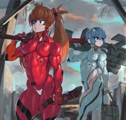 2girls abs asuka_langley_sohryu breasts clothing eye_patch medium_breasts multiple_girls muscular muscular_arms muscular_ass muscular_female muscular_legs muscular_shoulders muscular_thighs neon_genesis_evangelion plugsuit rei_ayanami thick_ass thick_thighs toned_female weapon ziroko