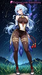 1girls 2025 ahoge ai_generated bangs bare_shoulders bell blue_hair blush bodystocking breasts clothes_lift covered_nipples detached_sleeves full_body ganyu_(genshin_impact) ganyu_(genshin_impact)_(cosplay) genshin_impact gloves gold_trim groin hi_res highres horns hoyoverse leotard leotard_under_clothes lifted_by_self long_hair looking_at_viewer looking_to_the_side mihoyo mihoyo_technology_(shanghai)_co._ltd. natsuyoru neck_bell night outdoors pantyhose patreon pelvic_curtain_lift purple_eyes sky smile solo standing star_(sky) starry_sky voluptuous voluptuous_female