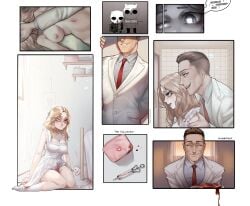 bite_mark blind_eye blonde_hair blood_drip blood_stain blue_eyes brown_eyes brown_hair ddlg dominant_male drugging forced freckles_on_face injury medical medical_instrument meinkatzchen naked_female original_character pink_nipples raw_meat red_tie scrutinized scrutinized_(game) selina_(meinkatzchen) smiling submissive_female sweatdrop syringe tanner_(scrutinized) tears text white_coat white_dress