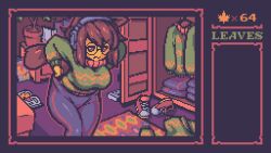 1girls ahegames animal_ears annoyed bedroom breasts brown_eyes brown_hair cleavage closet clothed clothes curvy female_only folded_clothes getting_dressed headphones large_breasts lewd_leaf_land long_hair molly_(lewd_leaf_land) official_art pants pixel_art screencap solo sweat tail thick_thighs thighs tight_pants turtleneck