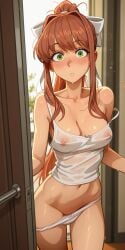 1girls ai_generated aroused bedroom blush brown_hair collarbone covered_nipples doki_doki_literature_club green_eyes groin hairbow horny in_doorway indoors interrupted long_hair long_ponytail looking_at_viewer lowered_panties medium_breasts midriff monika_(doki_doki_literature_club) navel open_door panties_down parted_lips perfect_body ponytail pov shy sidelocks skinny strap_slip sunlight surprised sweaty tank_top white_panties white_tank_top