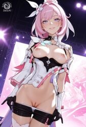 1girls ai_generated cleft_of_venus concert cowboy_shot elysia_(honkai_impact) honkai_(series) honkai_impact_3rd innie_pussy looking_at_viewer medium_breasts nipples parted_lips pussy scene seacreator shorts_pull smile stage stage_lights standing undressing