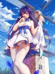 1girls absurdres bare_shoulders blue_flower blue_sky breasts cloud day dress female female_focus female_only flower garter_straps gloves hair_flower hair_ornament highres honkai_(series) honkai_impact_3rd huge_filesize large_breasts lingerie long_hair looking_at_viewer panties pantyshot purple_eyes purple_hair raiden_mei raiden_mei_(valkyrie_bladestrike) short_dress sky solo standing thighhighs underwear white_dress white_gloves white_panties white_thighhighs zomzomzomsauce