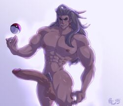 bara big_penis boner erect_penis erection genderbend genderswap hard_on huge_cock long_hair low_hanging_balls male_only muscles muscular muscular_male pokeball pokemon pokemon_sv professor_sada_(pokemon) rule_63 solo_male yozorac1