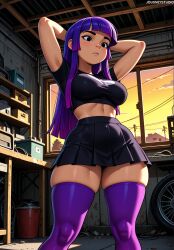 ai_generated armpits arms_behind_head arms_up bangs black_eyes black_shirt black_skirt blunt_bangs blunt_ends blush breasts closed_mouth clothing crop_top cropped_shirt evening female female_only freckles from_below glitch_techs hime_cut impossible_clothes impossible_shirt indoors jousneystudio large_breasts legwear long_hair midriff miko_kubota miniskirt multicolored_hair navel orange_sky pleated_skirt purple_hair purple_thighhighs shirt short_sleeves skindentation skirt solo standing straight_hair sunset taut_clothes taut_shirt thick_eyebrows thick_thighs thighhighs thighs tight_clothes trash_can window zettai_ryouiki