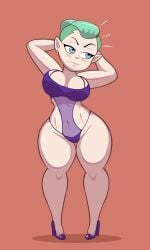 1girls arms_behind_head arms_up blue_eyes blush disney disney_channel embarrassed garter_belt garter_straps green_hair hair_bun high_heels humanoid light-skinned_female light_skin mature_female milf mother odalia_blight pointy_ears regret_everything the_owl_house thick_thighs witch_(the_owl_house)