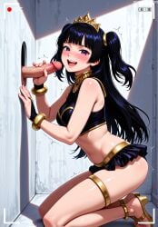 1boy :d ai_generated bangs bare_arms bare_legs bare_shoulders black_hair black_skirt blunt_bangs blush bracelet breasts bridal_gauntlets clothing crop_top crown erection feet female fire_emblem fire_emblem_awakening footwear gold_footwear gold_trim handjob headwear imminent_fellatio indoors jewelry jousneystudio kneeling legs long_hair looking_at_viewer male medium_breasts microskirt midriff nail_polish navel neck_ring nose_blush open_mouth panties penis penis_grab purple_eyes recording sandals shirt skindentation skirt sleeveless smile solo_focus stomach straight teeth tharja_(fire_emblem) thigh_strap thighlet thighs tiara toes tongue trembling two_side_up underwear upper_teeth_only veiny_penis