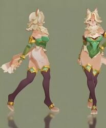 afk_(series) afk_journey anthro big_breasts blonde_female blonde_hair brown_eyes claws female fluffy furry gold_eyes gold_jewelry green_clothing hi_res lenya_(afk) sexy tagme video walking