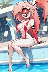 ai ai_generated breasts cherri_bomb cyclops hazbin_hotel large pool poolside sharp_teeth sideboob sling_bikini slingshot_swimsuit strap_gap swimwear underboob