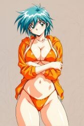 1990s_(style) 1girl ai_generated allenby_beardsley aqua_hair bikini blue_hair blush breasts busty clavicle cleavage clothing cowboy_shot crossed_arms female g_gundam gluteal_fold green_eyes gundam high_resolution highleg highleg_bikini highleg_swimsuit hood hooded_jacket hoodie jacket large_breasts long_sleeves looking_at_viewer minarai1998 navel open_clothes open_hoodie open_jacket orange_bikini orange_hoodie orange_jacket orange_swimsuit portrait retro_artstyle shiny shiny_skin short_hair simple_background solo standing swimsuit tagme thighs underboob very_high_resolution