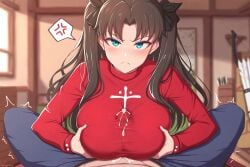 1boy 1girls ai_assisted angry angry_expression angry_face angry_sex black_hair blue_eyes breasts cum cum_in_clothes cum_on_body cum_on_breasts cum_on_clothes cum_through_clothes fate/stay_night fate_(series) female female_focus femdom hate_sex highres indoors large_breasts light-skinned_female light-skinned_male light_skin long_hair looking_at_viewer male male/female male_pov paizuri paizuri_lead_by_female paizuri_under_clothes red_sweater straight sweater titfuck_under_clothes titfucking titjob tohsaka_rin