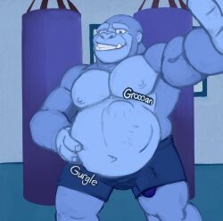 anthro ape belly big_belly bulge genitals gorilla gutsybeast gym hand_on_stomach haplorhine hi_res male mammal muscular muscular_male penis primate punching_bag rumbling_stomach same_size_vore stomach_bulge vore